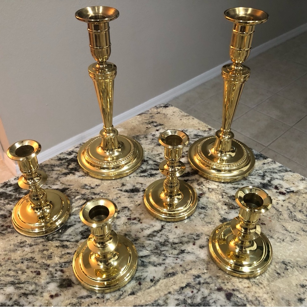 SOLD Lot of 6 Baldwin Brass Candlestick holders, 3 heights, excellent condition
